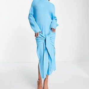 SNDYS fine knit tie front midi dress in blue